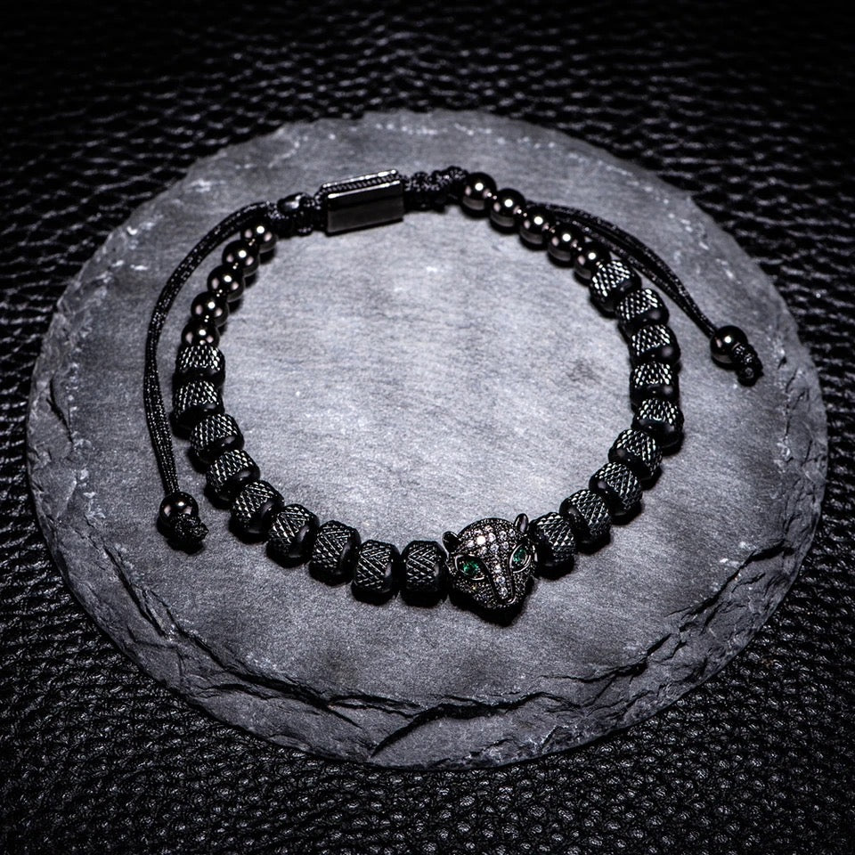 Pulseira Pantera Negra + Bracelete Prata pedras Verdes Aventurina - Marca Verturo