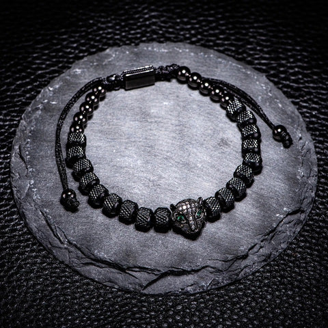 Pulseira Pantera Negra + Bracelete Prata pedras Verdes Aventurina - Marca Verturo