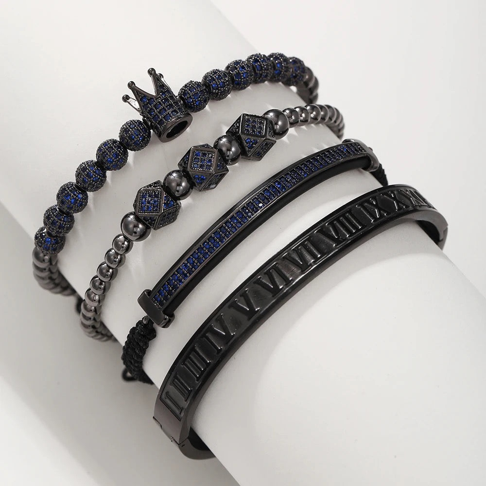 Kit com 4 Pulseiras [QUARTZO AZUL & RÓDIO NEGRO]